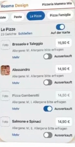WebApp auf dem Handy mit Speisekarte, Preisen und Ausverkauft-Schalter