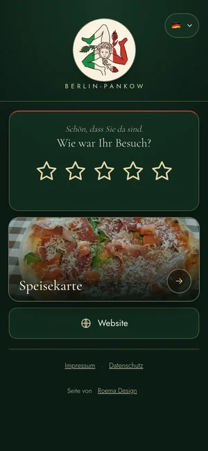 Welcome Site einer Pizzeria auf dem Handy, mit Bewertung und Speisekarte