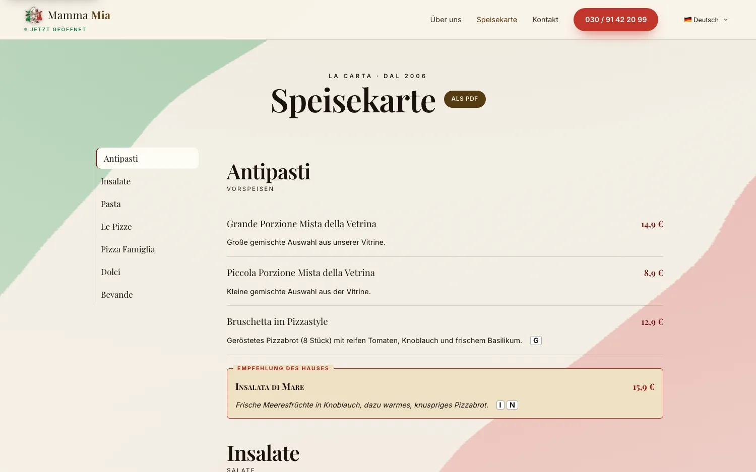 Digitale Speisekarte der Pizzeria Mamma Mia, Desktop-Ansicht