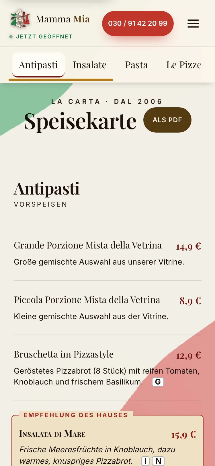 Digitale Speisekarte der Pizzeria Mamma Mia, Ansicht auf dem Handy