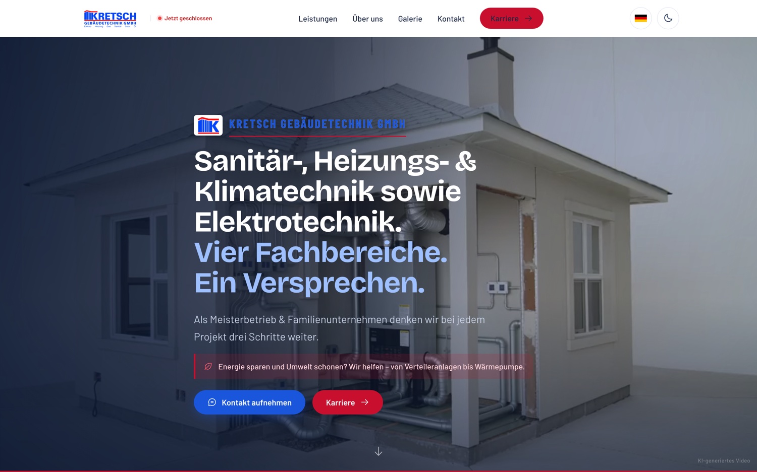 Website Kretsch Gebäudetechnik – Desktop-Ansicht