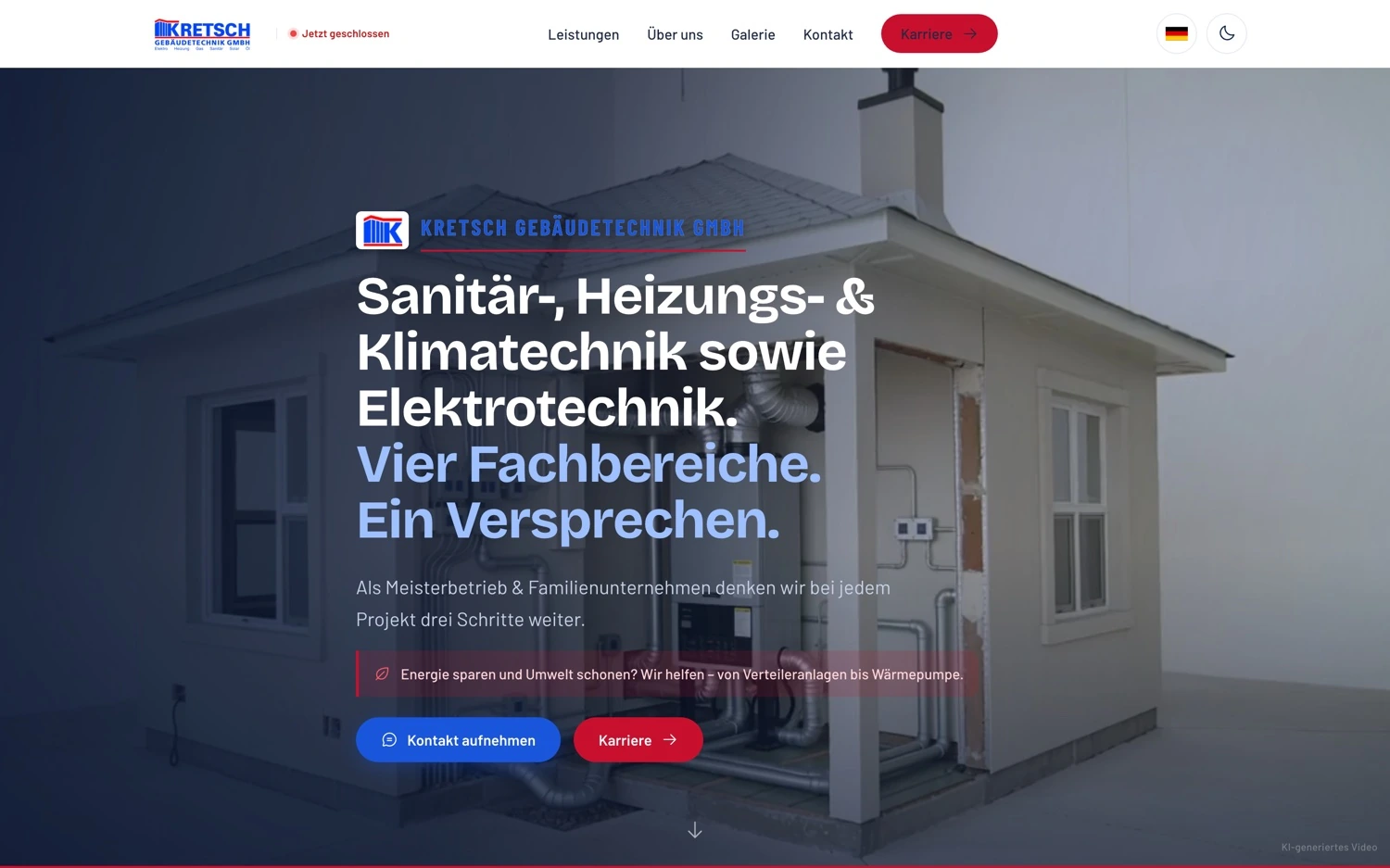 Website Kretsch Gebäudetechnik, Desktop-Ansicht