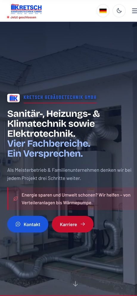 Website Kretsch Gebäudetechnik – Mobil-Ansicht