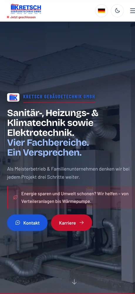 Website Kretsch Gebäudetechnik, Mobil-Ansicht