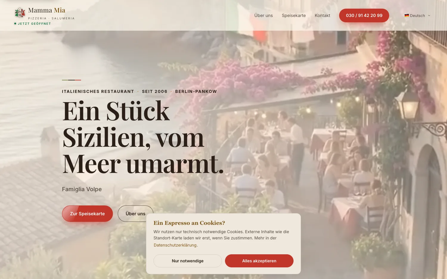 Website Pizzeria Mamma Mia, Desktop-Ansicht