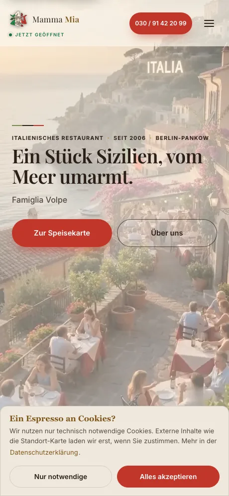 Website Pizzeria Mamma Mia, Mobil-Ansicht