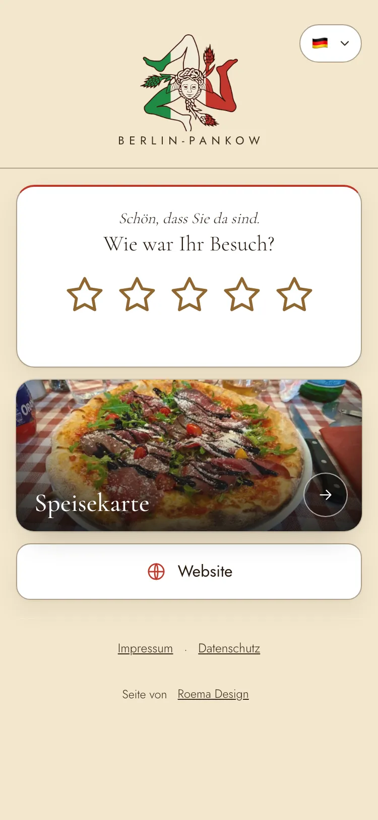 Willkommensseite der Pizzeria Mamma Mia auf dem Handy