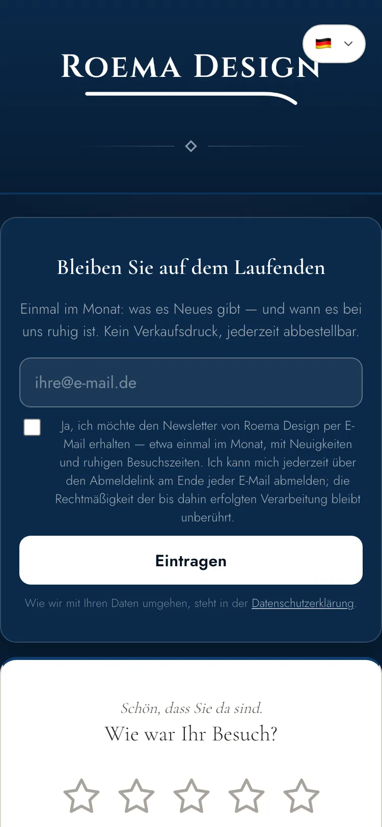Willkommensseite von Roema Design auf dem Handy