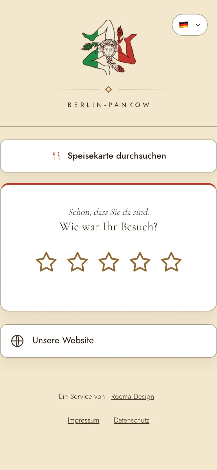 Willkommensseite der Pizzeria Mamma Mia auf dem Handy